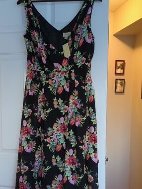 Lindy Bop Black Floral V-Neck Midi Dress with Pink, Green & Coral Blooms